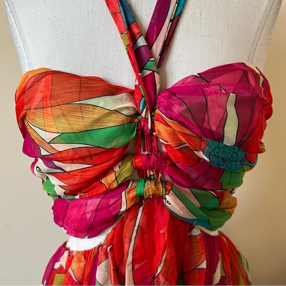 Ronny Kobo Floral Patterned Halter maxi Dress gown Pink Green 26129 - Picture 5 of 16